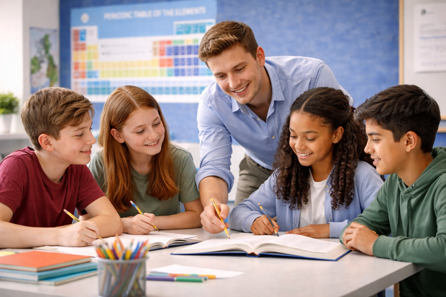 Small group tuition session with a qualified teacher providing individual support to students in a modern learning environment.