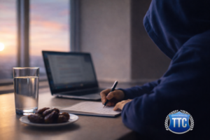 GCSE or A-level student in Derby revising during Ramadan after suhoor, studying at dawn with notebook and laptop beside dates and water, supported by The Tutor Centre.