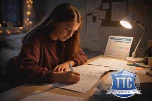 GCSE student studying at desk at night