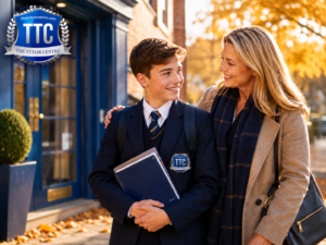 GCSE student with his mother arriving for autumn term tuition at The Tutor Centre, Derby.