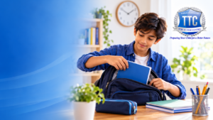 A boy packing an exercise book into his school bag, with books and a pencil case nearby and The Tutor Centre logo alongside.